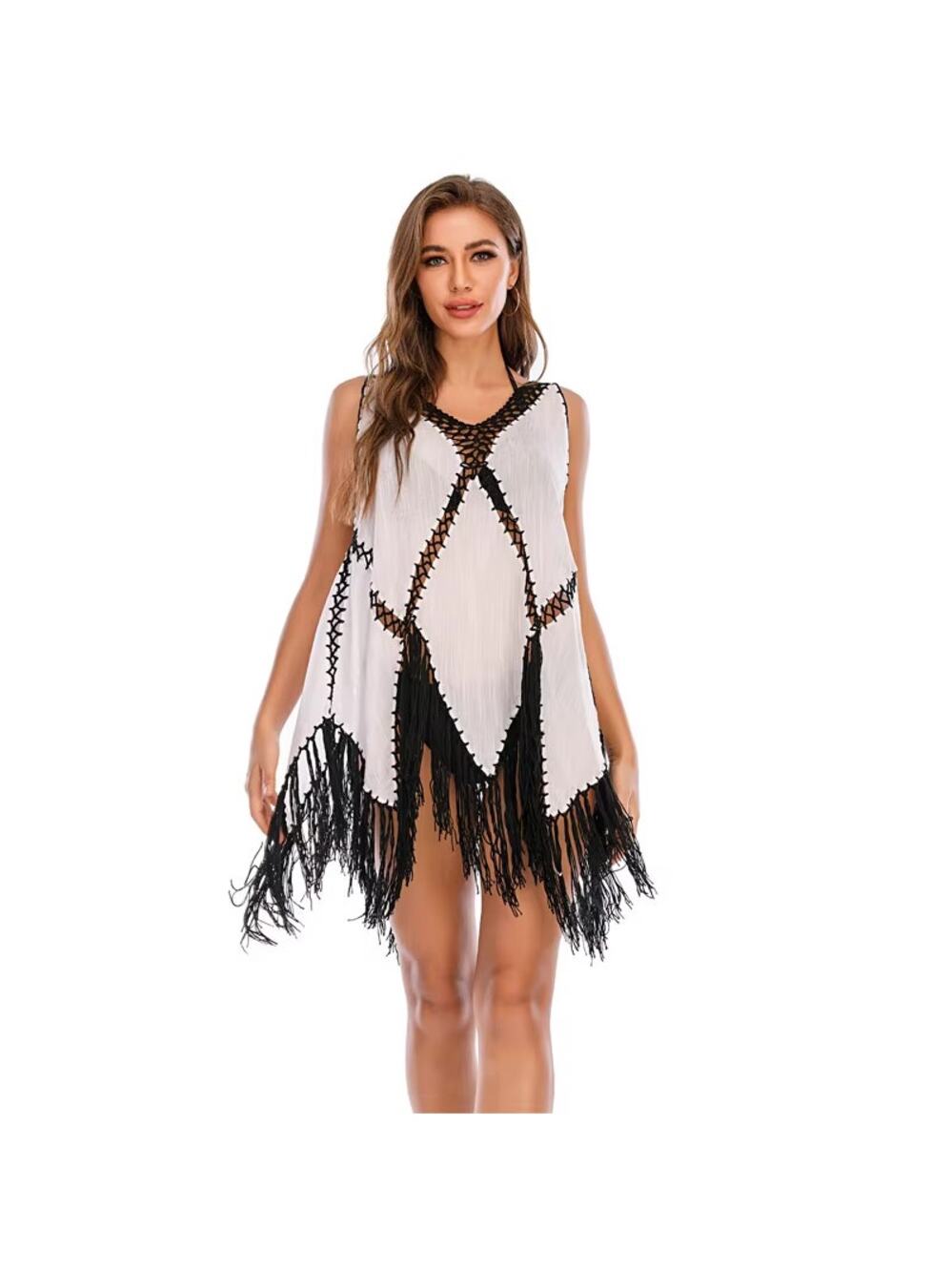 Unbranded Women's Cream Black Sleeveless V Neck Knit Beach Cover Up Fringe OS